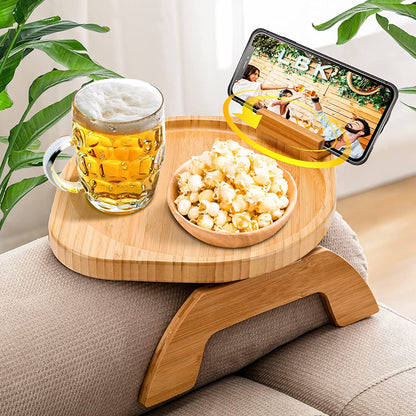 Bamboo Sofa Clip on Side Table for Wide Couches Arm, Foldable Couch Tray with 360° Rotating Phone Holder, Armrest Table for Eating/Drinks/Snacks/Remote/Control