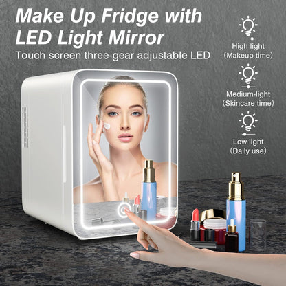 Skincare Fridge - Mini Fridge with Dimmable LED Mirror (4 Liter/6 Can), Cooler and Warmer, for Refrigerating Makeup, Skincare and Food, Mini Fridge for Bedroom, Office and Car, White