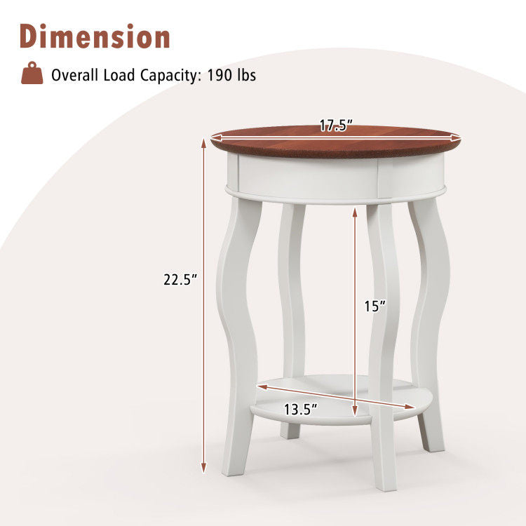 2-Tier Round End Table with Storage Shelf and Solid Rubber Wood Legs