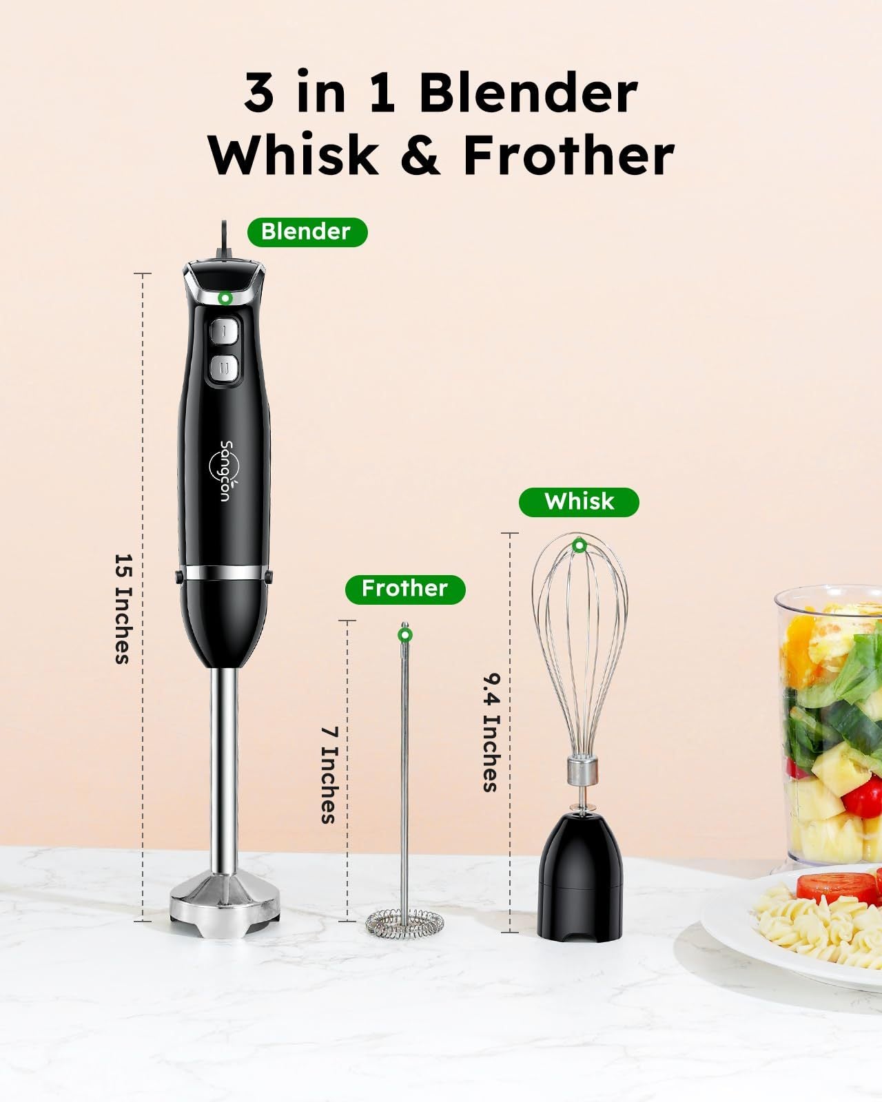 Immersion Blender Handheld, 3-in-1 Hand Blender Electric, 400W Handheld Blender, Stainless Steel Blade Stick Blender with Whisk, Milk Frother Attachments - Black