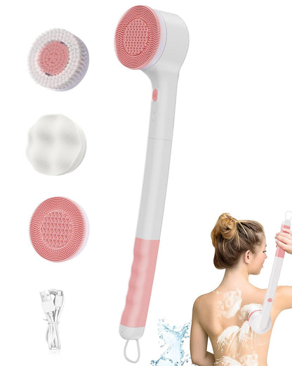 Electric Body Brush, Rechargeable Silicone Scrubber, IPX7 Waterproof Back Brush with Long Handle, and 3 Spin Brush Heads Suitable for Both Men and Women