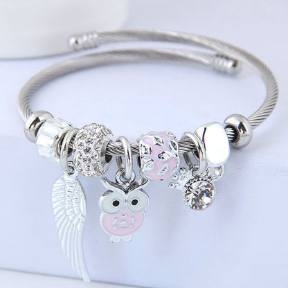 Beaded Owl Angel Wings Pendant Stainless Steel Bracelet