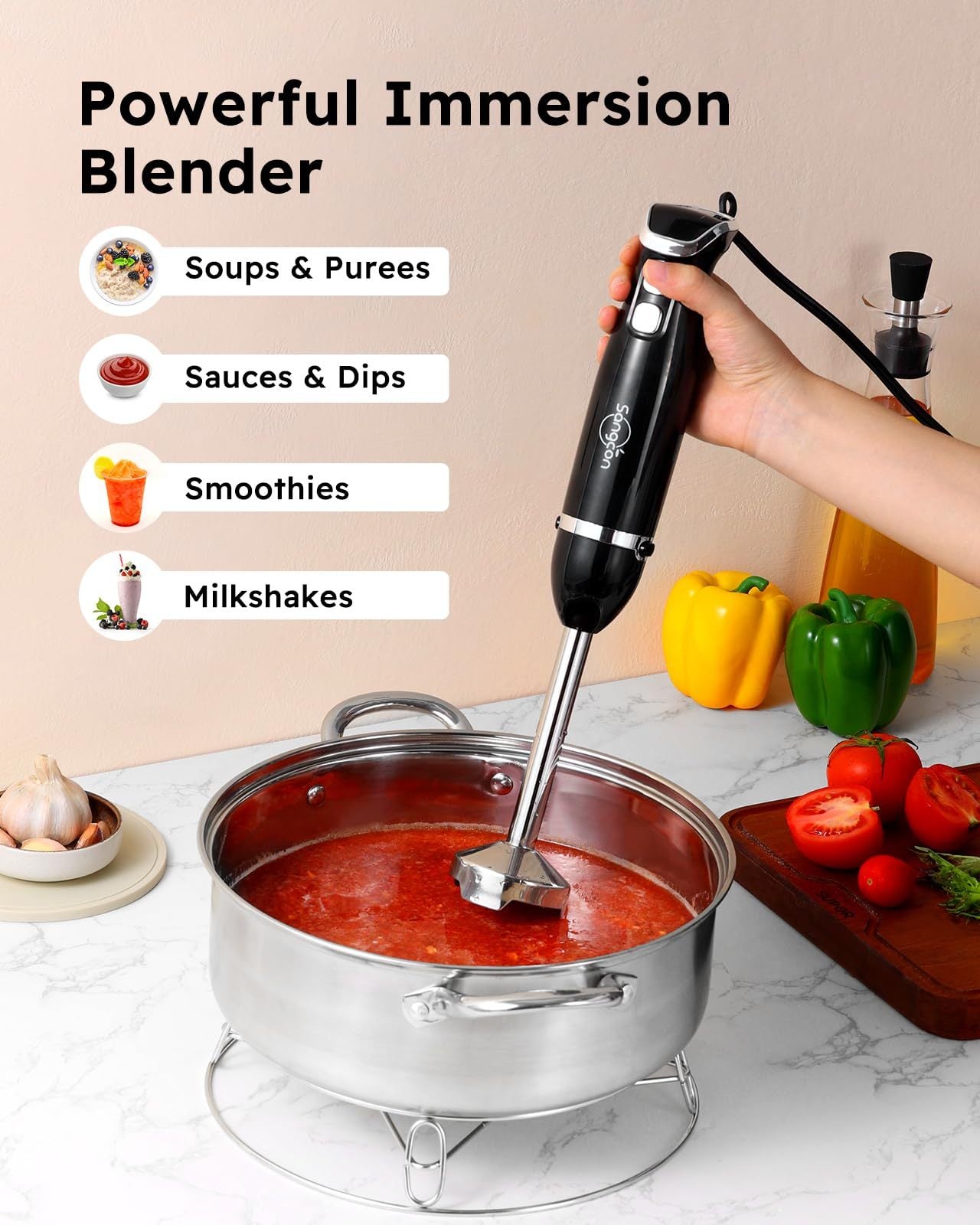 Immersion Blender Handheld, 3-in-1 Hand Blender Electric, 400W Handheld Blender, Stainless Steel Blade Stick Blender with Whisk, Milk Frother Attachments - Black