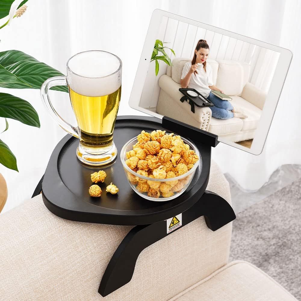 Bamboo Sofa Clip on Side Table for Wide Couches Arm, Foldable Couch Tray with 360° Rotating Phone Holder, Armrest Table for Eating/Drinks/Snacks/Remote/Control