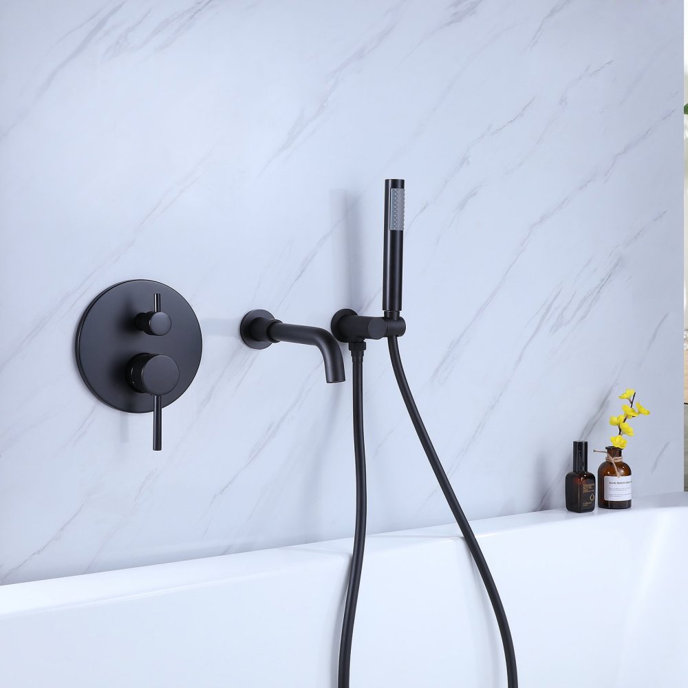 2-Handle Tub Spot Wall Mount Rain Mixer Shower Faucet Tub and Shower Faucet with Hand Shower in Black Valve Included