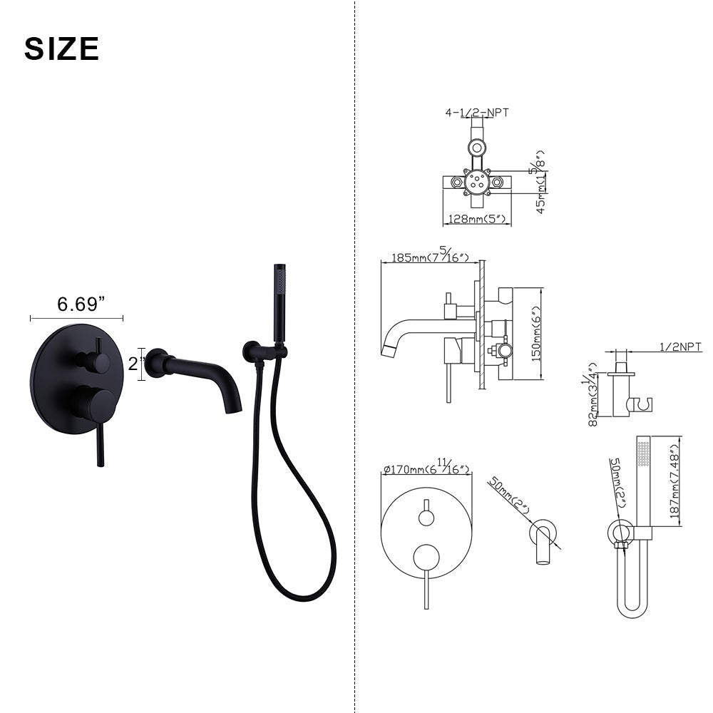 2-Handle Tub Spot Wall Mount Rain Mixer Shower Faucet Tub and Shower Faucet with Hand Shower in Black Valve Included