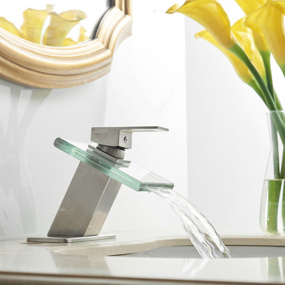 Waterfall Single Hole Single-Handle Low-Arc Bathroom Faucet With Glass Spout In Polished Chrome