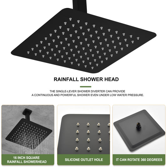 16 Inch Square Rain Shower Head Matte Black 304 Stainless Steel Showerhead