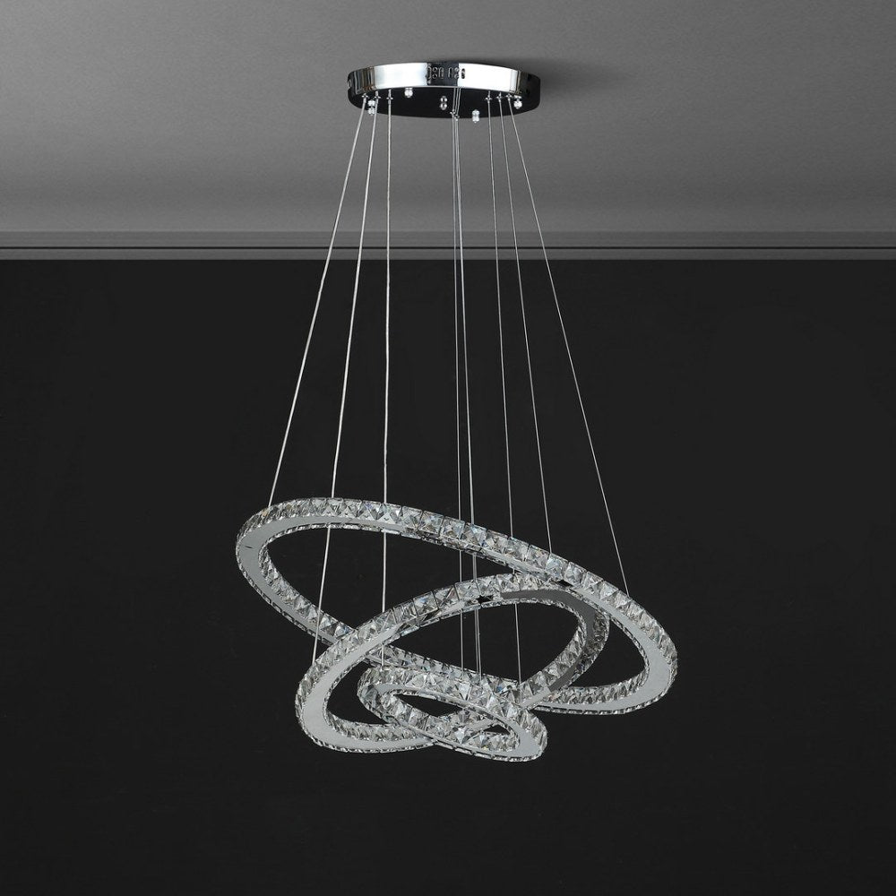 Adjustable Height Else Medium Triple Hoop Modern Crystal Stainless Pure White Color Led Remote Control Dimmer Chandelier