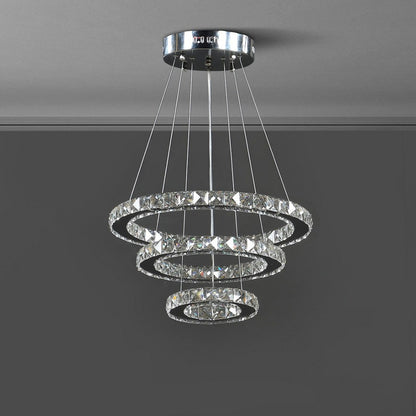 Adjustable Height Alva Large Triple Hoop Modern Crystal Stainless Pure White Color Led Remote Control Dimmer Chandelier