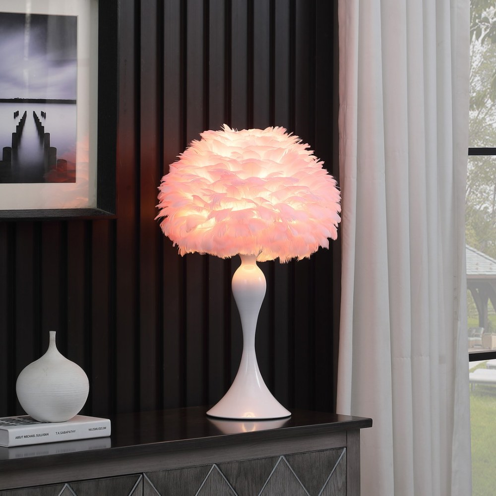 Soft Pink Feather Aquina Crisp White Contour Glam Table Lamp