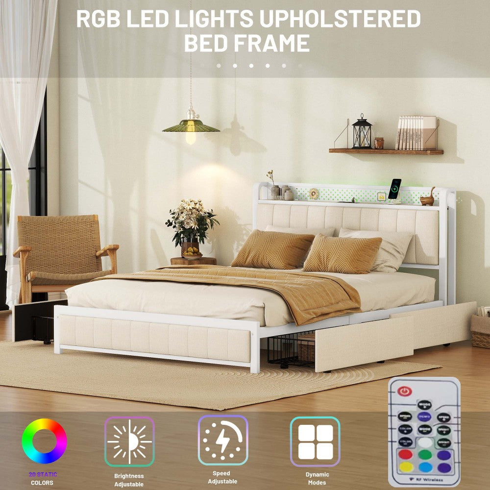 Queen Bed Frame with LED Headboard, Upholstered Bed with 4 Storage Drawers and USB Ports, Beige