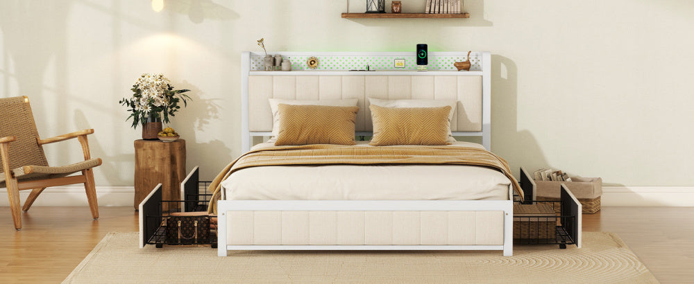 Queen Bed Frame with LED Headboard, Upholstered Bed with 4 Storage Drawers and USB Ports, Beige