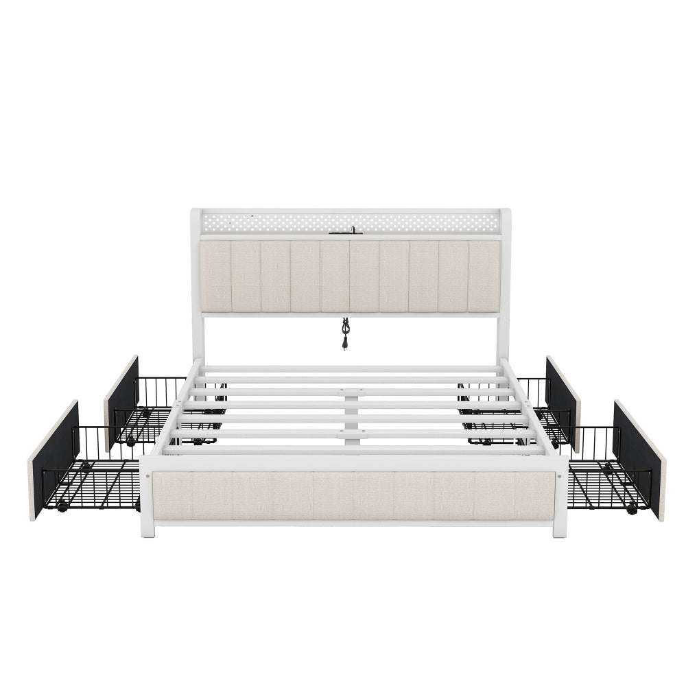 Queen Bed Frame with LED Headboard, Upholstered Bed with 4 Storage Drawers and USB Ports, Beige