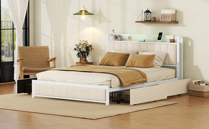 Queen Bed Frame with LED Headboard, Upholstered Bed with 4 Storage Drawers and USB Ports, Beige