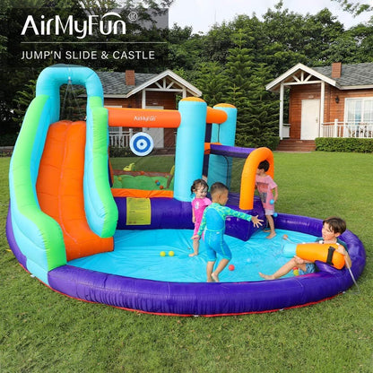 AirMyFun Inflatable Bounce House, Jumping Castle with Water and Slide, Inflatable Bouncer with Air Blower, Water Spray for Summer Time, Idea for Kids (Water Park)