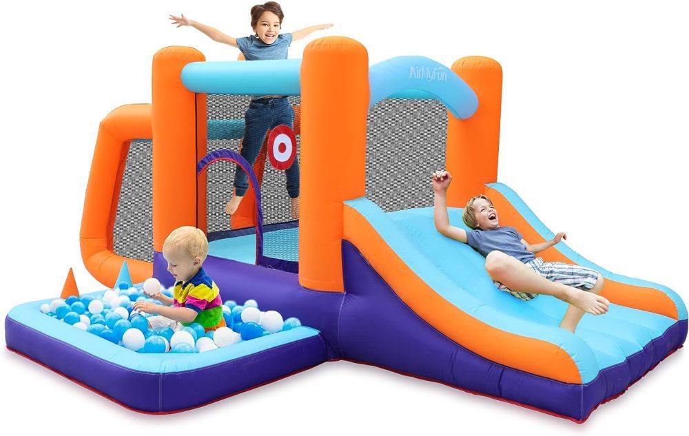 AirMyFun Inflatable Bounce House, Jumping Castle with Water and Slide, Inflatable Bouncer with Air Blower, Water Spray for Summer Time, Idea for Kids (Water Park)