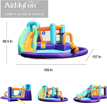 AirMyFun Inflatable Bounce House, Jumping Castle with Water and Slide, Inflatable Bouncer with Air Blower, Water Spray for Summer Time, Idea for Kids (Water Park)