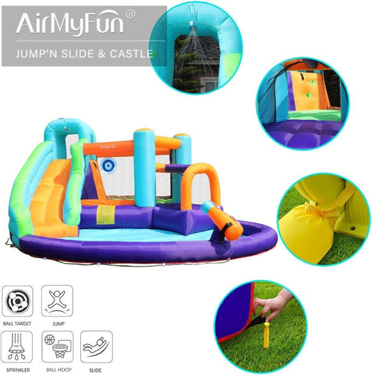 AirMyFun Inflatable Bounce House, Jumping Castle with Water and Slide, Inflatable Bouncer with Air Blower, Water Spray for Summer Time, Idea for Kids (Water Park)