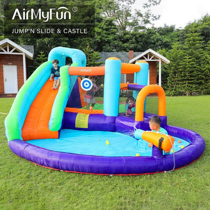 AirMyFun Inflatable Bounce House, Jumping Castle with Water and Slide, Inflatable Bouncer with Air Blower, Water Spray for Summer Time, Idea for Kids (Water Park)