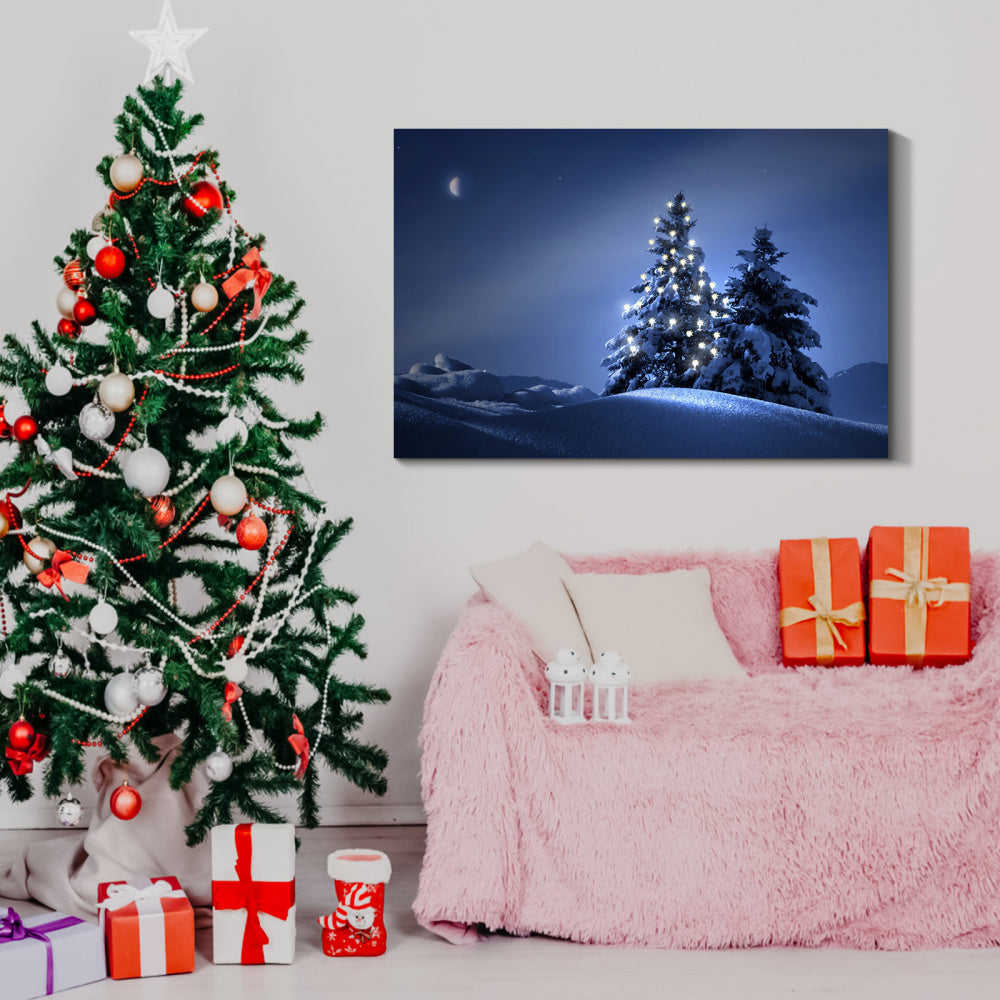 Framed Canvas Wall Art Decor Painting For Chrismas, Lighted Pine Tree at Night  Chrismas Gift Painting For Chrismas Gift, Decoration For Chrismas Eve Office Living Room, Bedroom Decor-Ready To Han