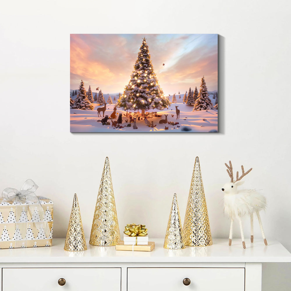 Framed Canvas Wall Art Decor Painting For Chrismas, Lighted Pine Tree at Night  Chrismas Gift Painting For Chrismas Gift, Decoration For Chrismas Eve Office Living Room, Bedroom Decor-Ready To Han