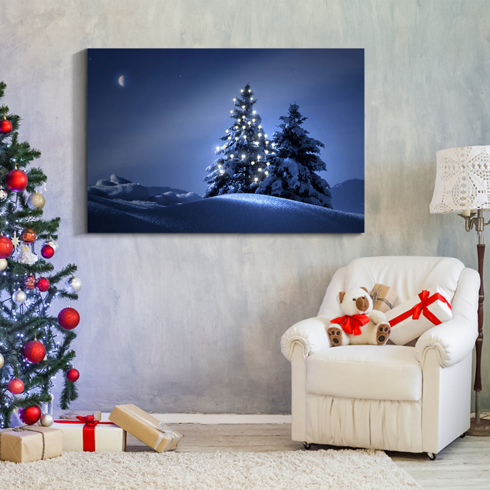 Framed Canvas Wall Art Decor Painting For Chrismas, Lighted Pine Tree at Night  Chrismas Gift Painting For Chrismas Gift, Decoration For Chrismas Eve Office Living Room, Bedroom Decor-Ready To Han