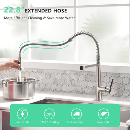 Faucet for Kitchen Sink, Brushed Nickel Kitchen Faucet with Pull Down Sprayer,  Modern Commercial Spring Pull-Out Kitchen Sink Faucet