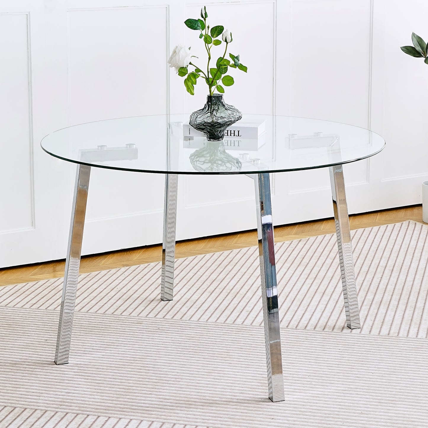 Modern minimalist ROUND glass dining table,  transparent glass tabletop and chrome metal legs, suitable for kitchens, restaurants, and living rooms (set of 1)