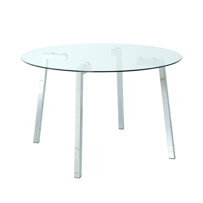 Modern minimalist ROUND glass dining table,  transparent glass tabletop and chrome metal legs, suitable for kitchens, restaurants, and living rooms (set of 1)