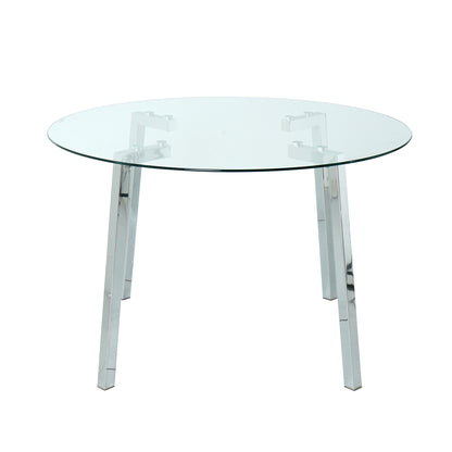 Modern minimalist ROUND glass dining table,  transparent glass tabletop and chrome metal legs, suitable for kitchens, restaurants, and living rooms (set of 1)