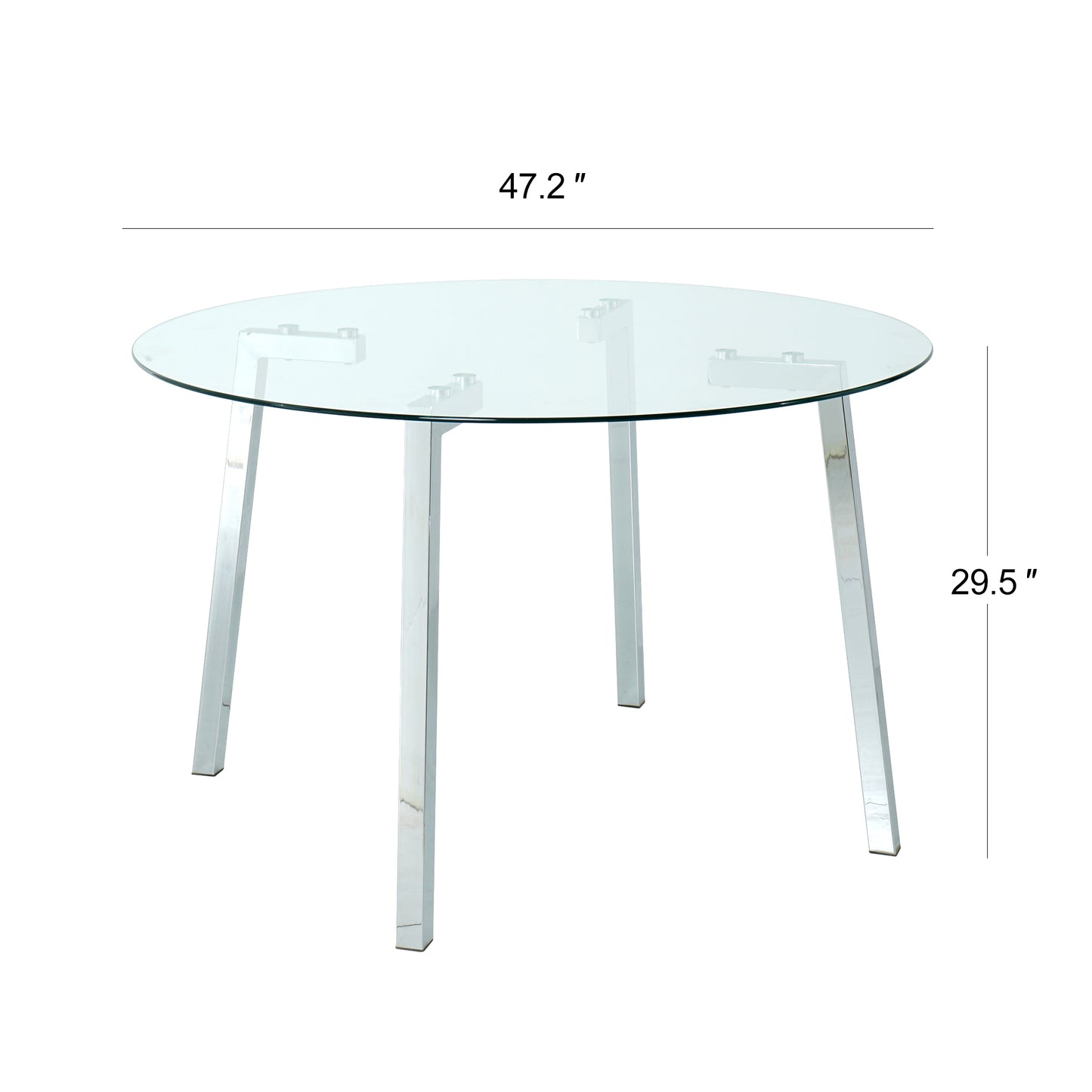 Modern minimalist ROUND glass dining table,  transparent glass tabletop and chrome metal legs, suitable for kitchens, restaurants, and living rooms (set of 1)