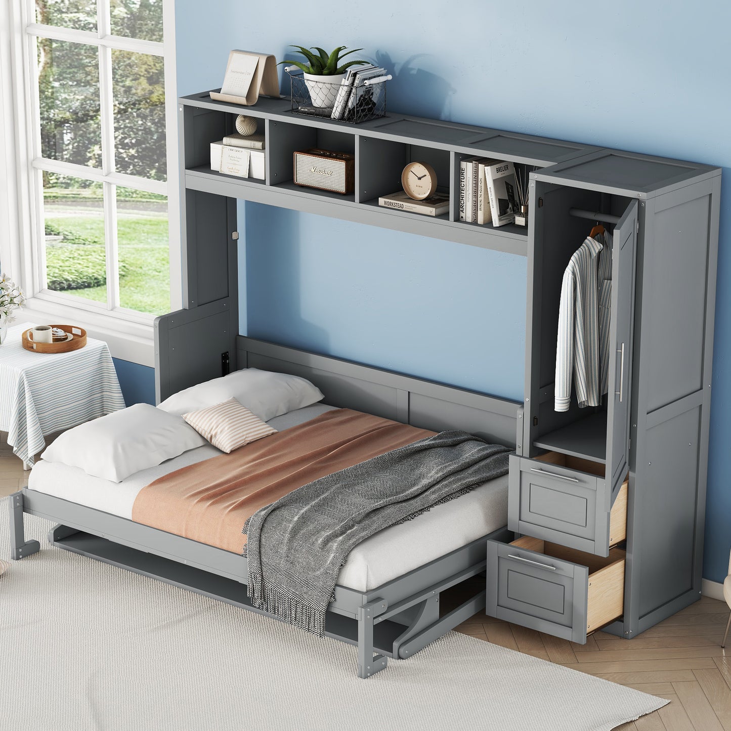 Full Size Murphy Bed Wall Bed with Closet and Drawers,Gray