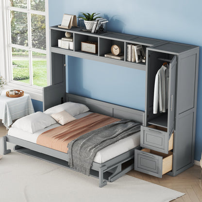 Full Size Murphy Bed Wall Bed with Closet and Drawers,Gray