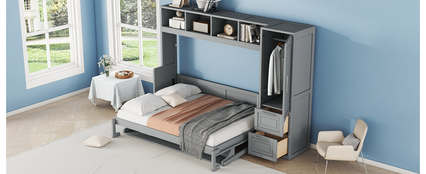 Full Size Murphy Bed Wall Bed with Closet and Drawers,Gray