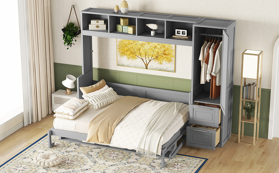 Full Size Murphy Bed Wall Bed with Closet and Drawers,Gray