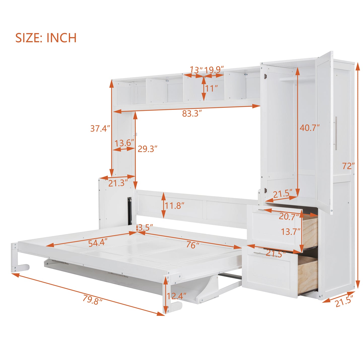 Full Size Murphy Bed Wall Bed with Closet and Drawers,Gray