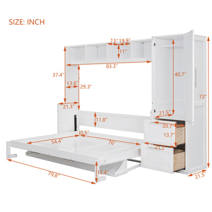 Full Size Murphy Bed Wall Bed with Closet and Drawers,Gray