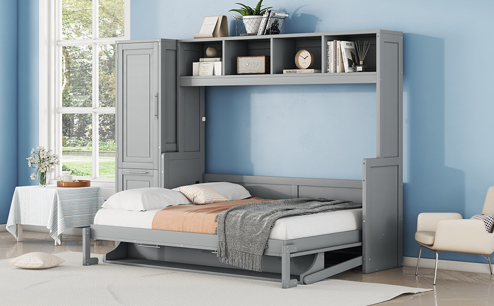 Full Size Murphy Bed Wall Bed with Closet and Drawers,Gray