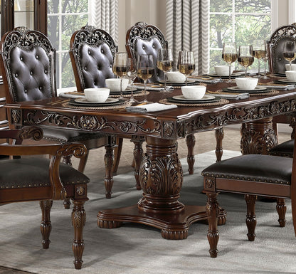 Traditional Style Dining Table with Extension Leaves Cherry Finish with Gold Tipping Double Pedestal Base Wooden Dining Furniture