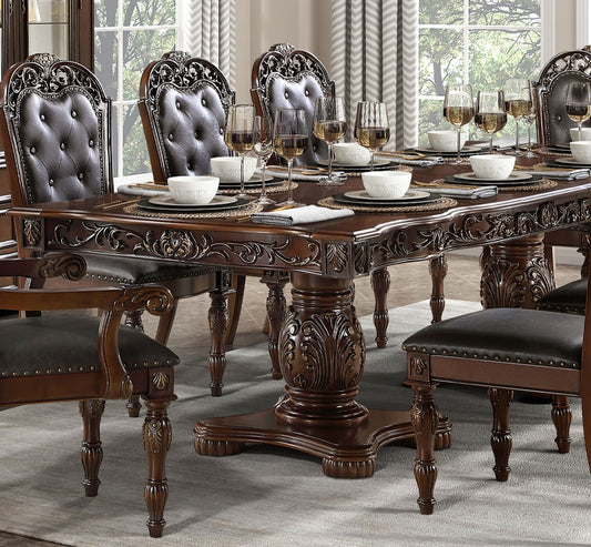 Traditional Style Dining Table with Extension Leaves Cherry Finish with Gold Tipping Double Pedestal Base Wooden Dining Furniture