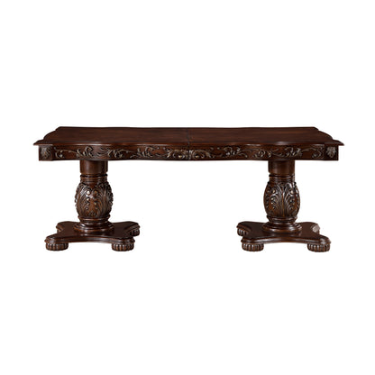 Traditional Style Dining Table with Extension Leaves Cherry Finish with Gold Tipping Double Pedestal Base Wooden Dining Furniture