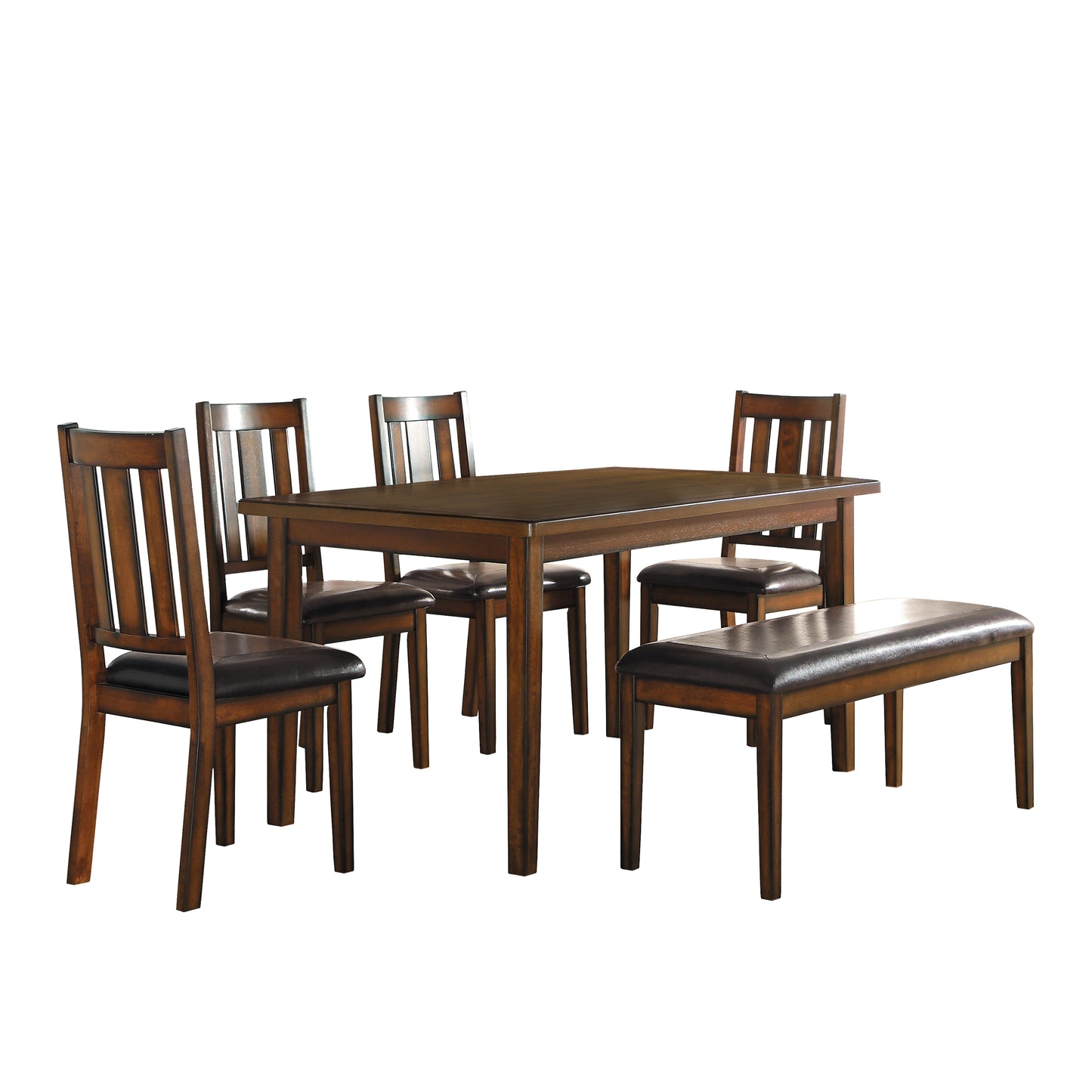 Espresso Finish 6pc Dining Set Tabe Bench and 4 Chairs Set Black Faux Leather Upholstered Seat Dining Kitchen Set Wooden Furniture