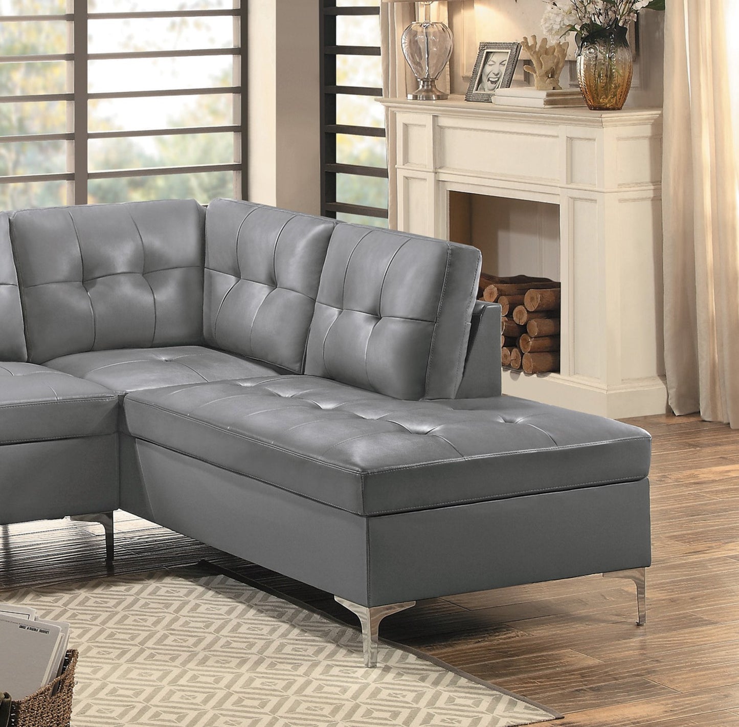 Contemporary Gray 3pc Sectional Sofa with RSF Chaise Ottoman Tufted Detail Faux Leather Upholstered Solid Wood Living Room Furniture L-Shape Sofa Chaise