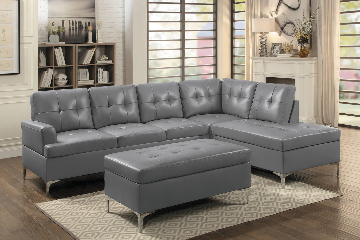 Contemporary Gray 3pc Sectional Sofa with RSF Chaise Ottoman Tufted Detail Faux Leather Upholstered Solid Wood Living Room Furniture L-Shape Sofa Chaise