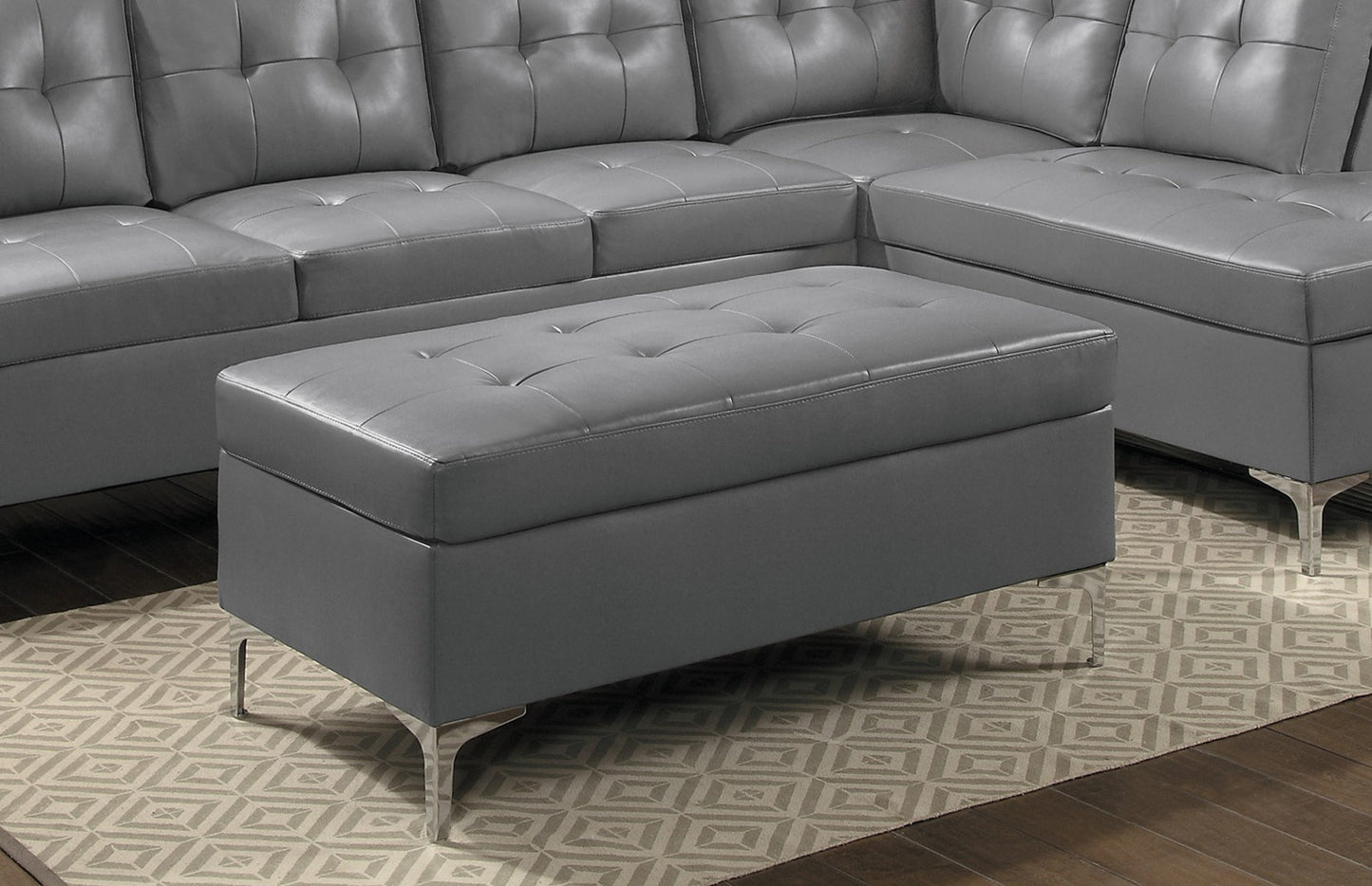 Contemporary Gray 3pc Sectional Sofa with RSF Chaise Ottoman Tufted Detail Faux Leather Upholstered Solid Wood Living Room Furniture L-Shape Sofa Chaise