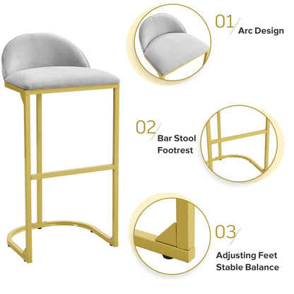 30&quot; Counter Height Bar Stools Set of 2, Bar Stools with Back and Gold Metal Frame, Modern Luxury Bar Stools with Footrest, Upholstered Velvet Counter Stool Chairs for Kitchen Island