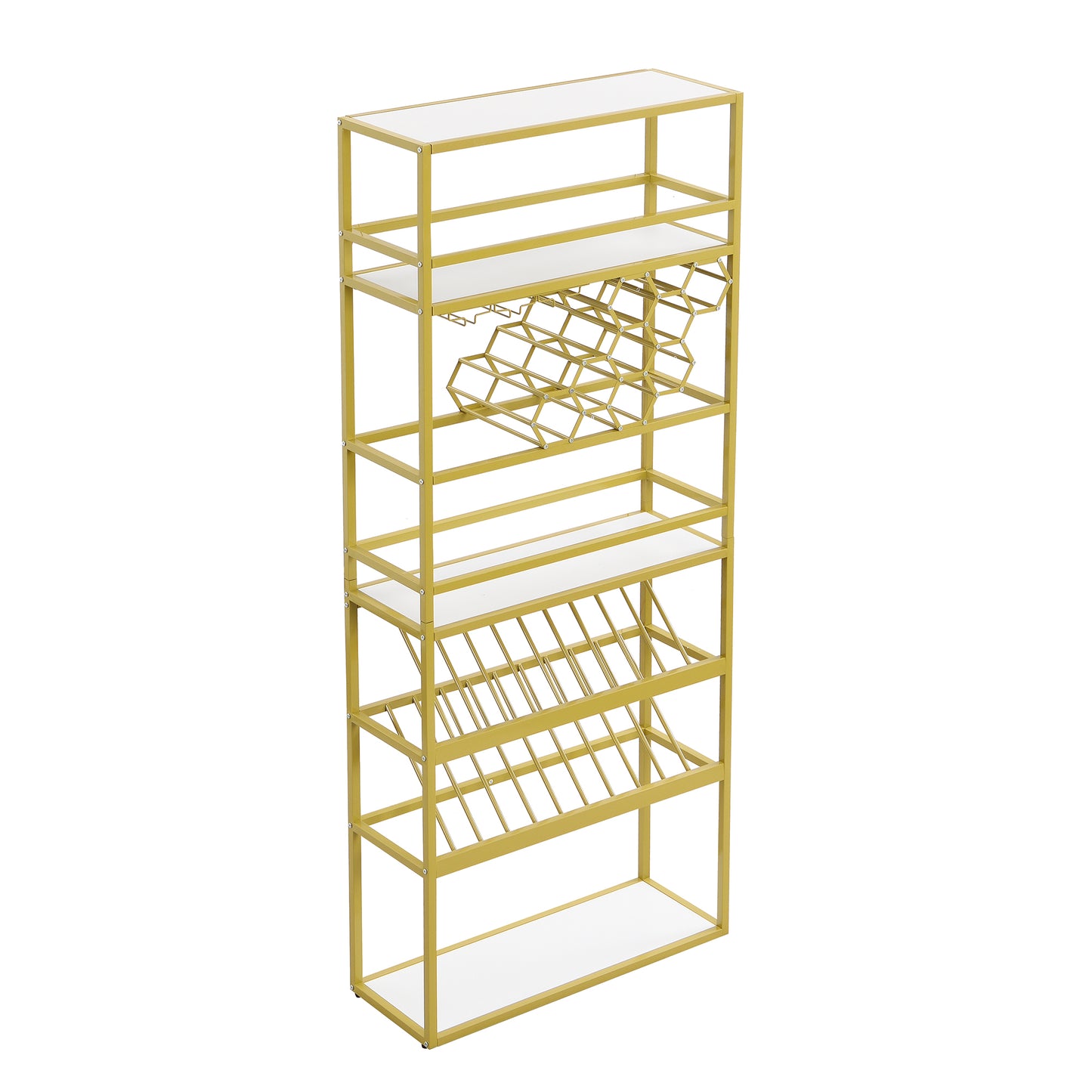 LED Tall Bar Cabinet Wine Rack, Gold Contemporary Standing Honeycomb Wine Rack with Glass Rack