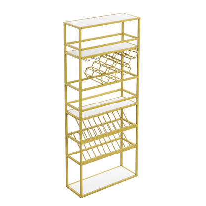 LED Tall Bar Cabinet Wine Rack, Gold Contemporary Standing Honeycomb Wine Rack with Glass Rack