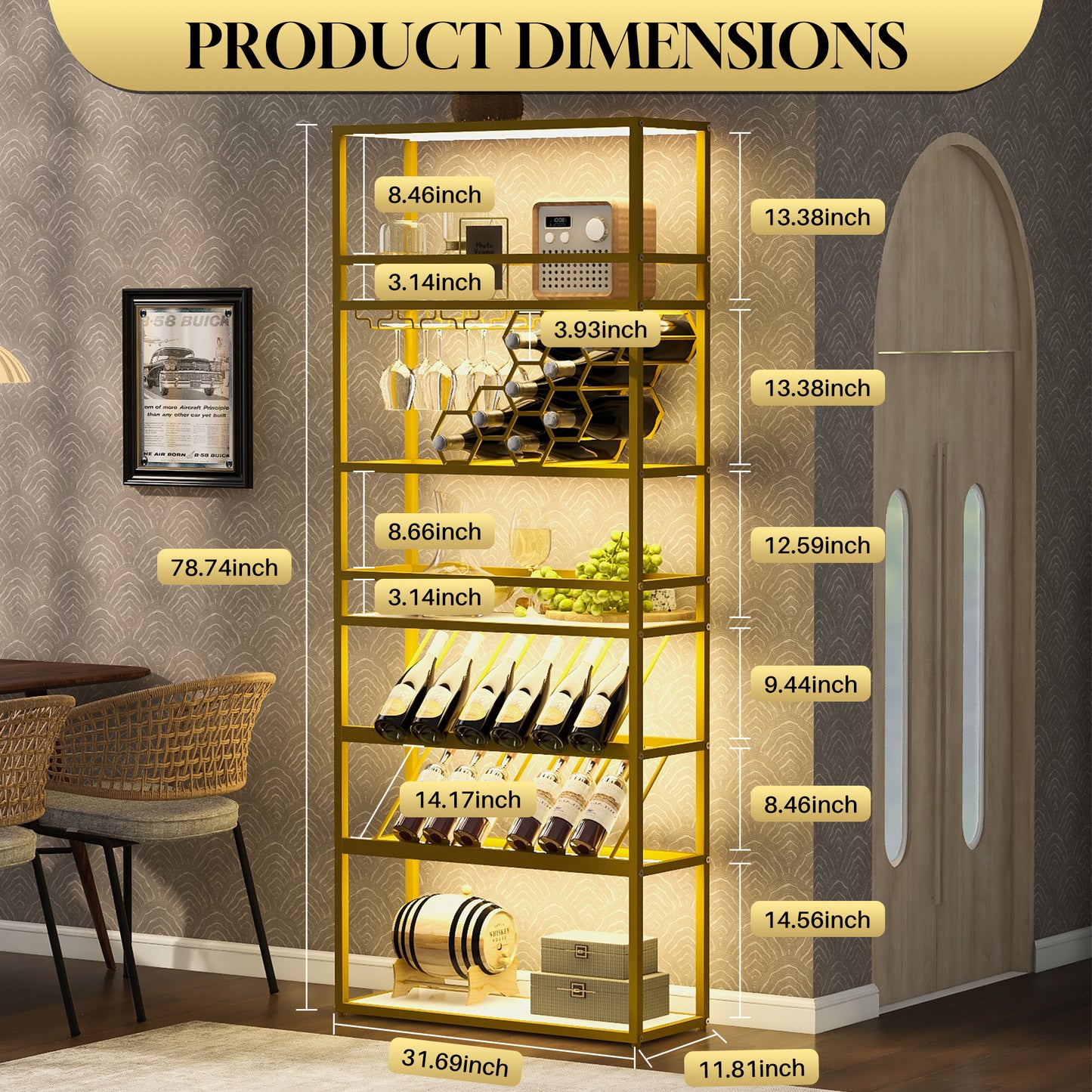 LED Tall Bar Cabinet Wine Rack, Gold Contemporary Standing Honeycomb Wine Rack with Glass Rack